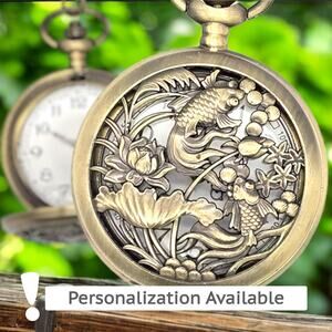 Koi Pond Pocket Watch - Intricate Nature Scene for Collectors & Zen Lovers